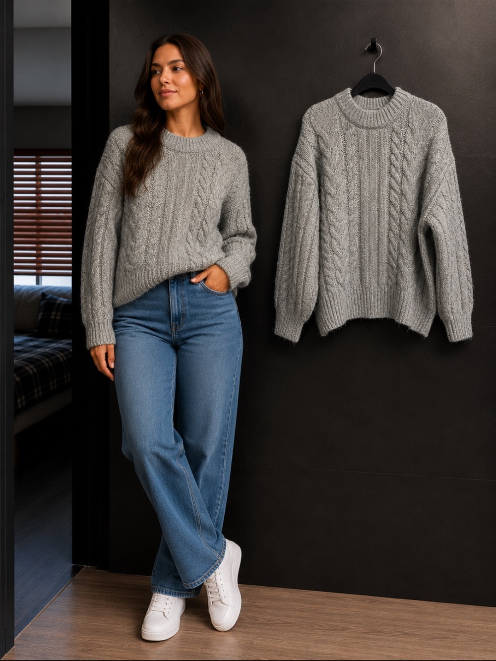 Classic Cable Crewneck Sweater in Gray
